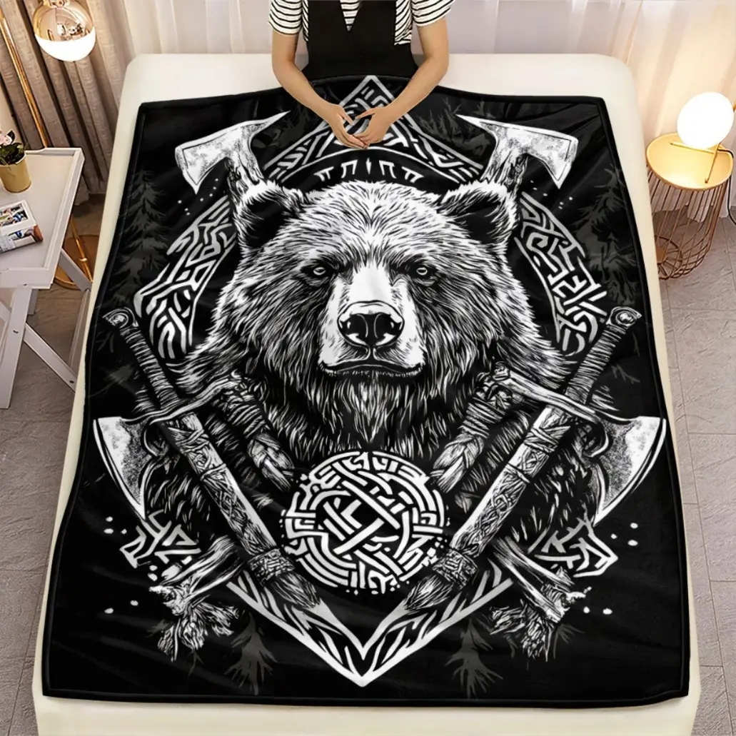 1pc Viking Norse Mythology Bear & Axes Blanket - Black and White Viking Design with Norse Rune - Lightweight Flannel Bedspread for Sofa, Bed, Camping, Office - All-Season Soft Warm Viking Decor Throw - Warm Haven Textiles