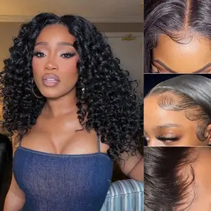 Glueless Bob Wigs Human Hair Curly Wigs for Black Women Water Wave 4x4 HD Lace Closure Wigs  Wear and Go Glueless Wigs 180% Density Pre Plucked Hairline Pre Cut Lace Wig for Black Woman Gift