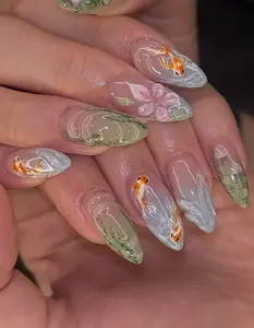 Green Koi Pond Press On Nails | 3D Floral & Fish Nail Art | Green Nature Inspired Nails | Handmade Press Ons | Artistic Garden Nails| DC743H