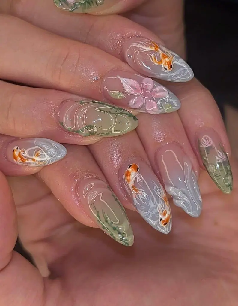 Green Koi Pond Press On Nails | 3D Floral & Fish Nail Art | Green Nature Inspired Nails | Handmade Press Ons | Artistic Garden Nails| DC743H