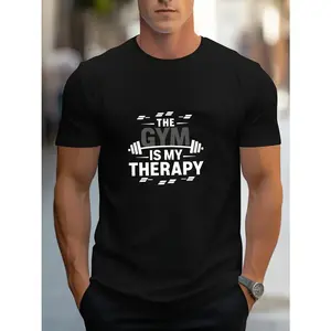 Men's Gym Motivational Graphic T-Shirt - "The Gym Is My Relax" Workout Tee with Barbell Design,  Breathable  Blend,  Regular Fit Round Neck Casual Sports Top for Fitness & Casual Attire,  Gym Shirts,  Sporty Look,  Knit Fabric