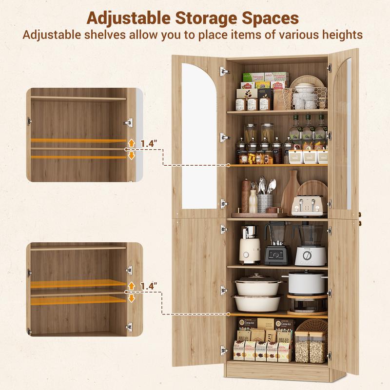 80" Tall Wood Kitchen Pantry Storage Cabinet, Freestanding 6-Tiers Buffet Cabinets with 4 Doors & Adjustable Shelves for Dining Room, Living Room