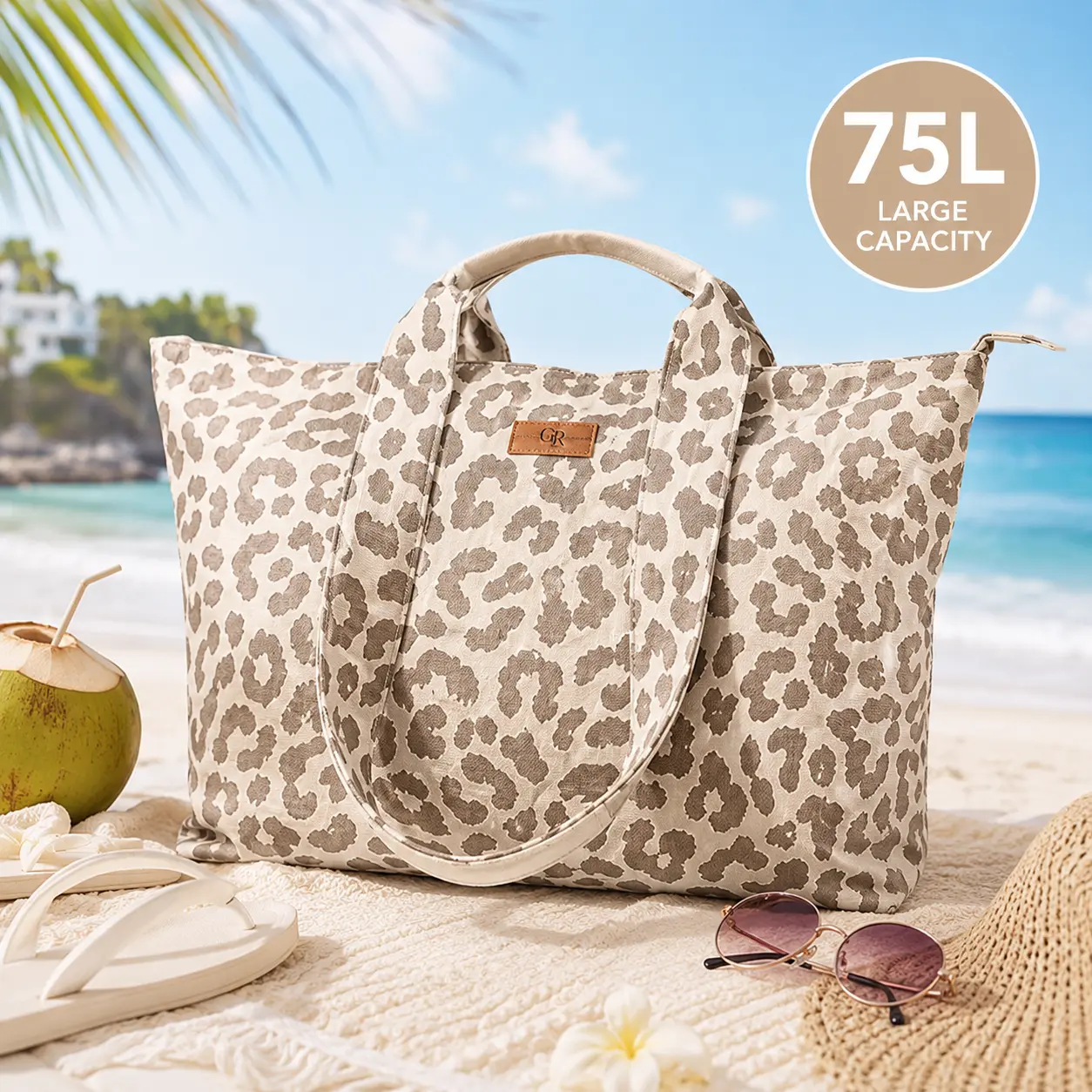 Women's 75L Extra Large Sandproof Water-Resistant Tote Bag, Lightweight Versatile Tote with Zipper & 5 Pockets, Foldable Portable Women's Handbag for Beach & Travel, Tote Bags