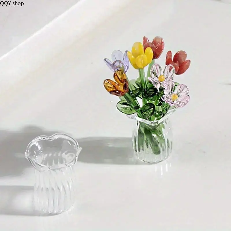 Miniature Handmade Glass Artificial Flower Bouquet Set - 8 Small Mixed Colors Decorative Florals with Vase, DIY Arrangement, Home Table Accent, Ideal for Party, Room Decor & Holiday Gifting (Bag Charm Accessory)