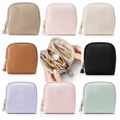 vlando Small Jewelry Travel Case for Women, Portable Jewelry Pouch with 3 Velvet Zipper Bags, Mini Organizer for Rings, Earrings and Bracelets, Boxes, Jewelry Storage Unit Beauty Essentials Elastic Bands summerwins