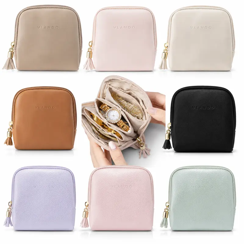 vlando Small Jewelry Travel Case for Women, Portable Jewelry Pouch with 3 Velvet Zipper Bags, Mini Organizer for Rings, Earrings and Bracelets, Boxes, Jewelry Storage Unit Beauty Essentials Elastic Bands summerwins