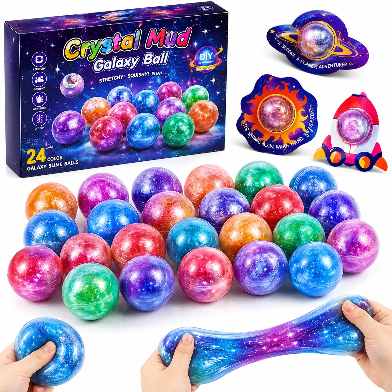 Galaxy Slime Balls for Kids, 24 Pack Colorful Crystal Slime Ball Toy with Stretchy Soft Texture, Space Theme Slime Set for Boys Girls