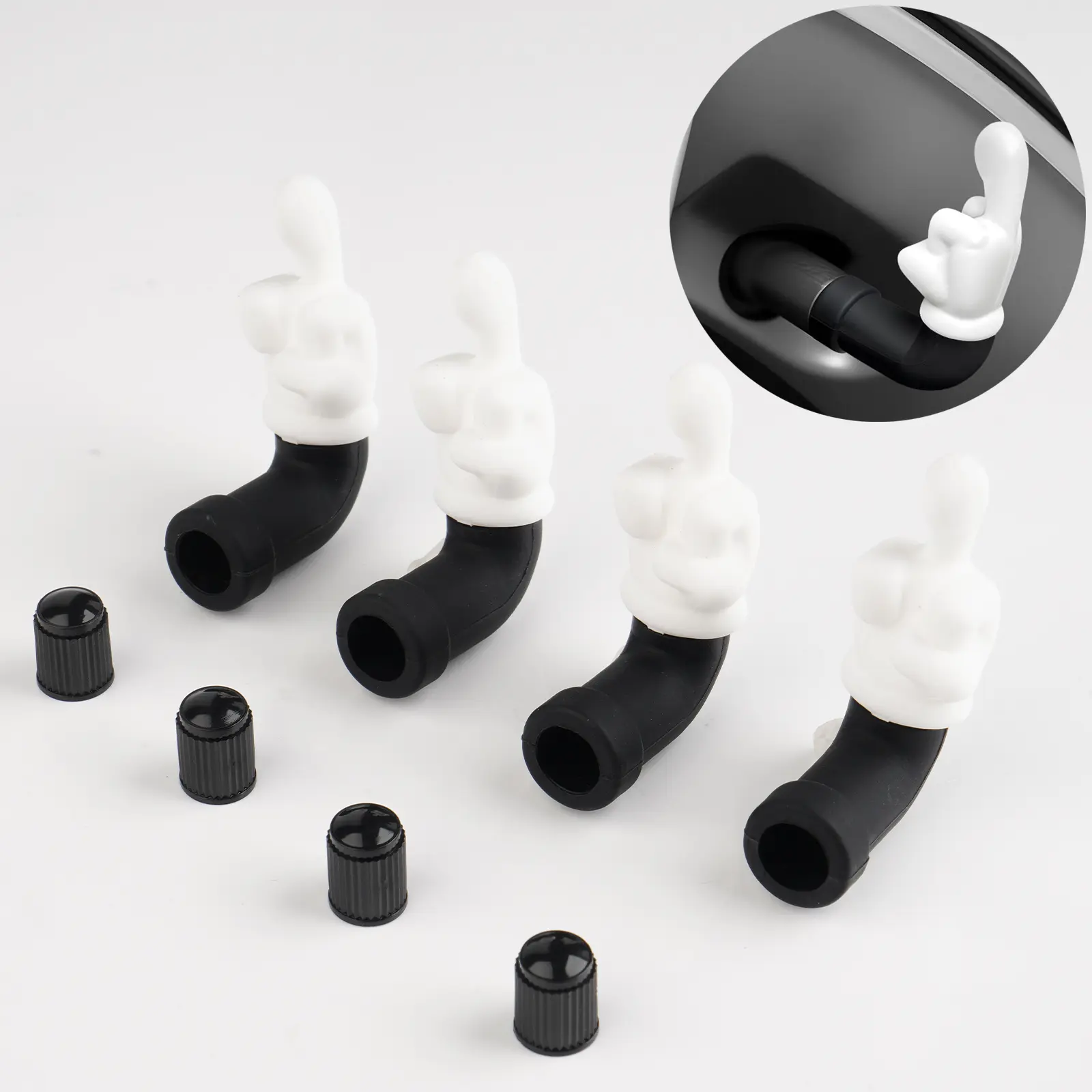 Canvcle Universal Tire Valve Caps (4-Pack, White & Black) - Sturdy Plastic Caps with O-Ring Design, Anti-Skid Stripes, Easy Grip, Airtight Seal, Dust Entry Prevention, Easy to Tighten, Fits Cars, Trucks, Bikes