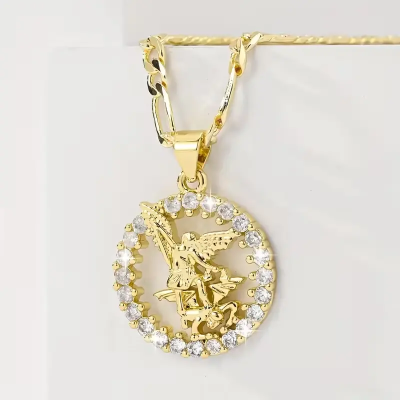 14K Gold Plated St. Michael The Archangel Necklace for Women, Cubic Zirconia Circle Pendant Figaro Chain Religious Protection Jewelry, Catholic Patron Saint Amulet Gift