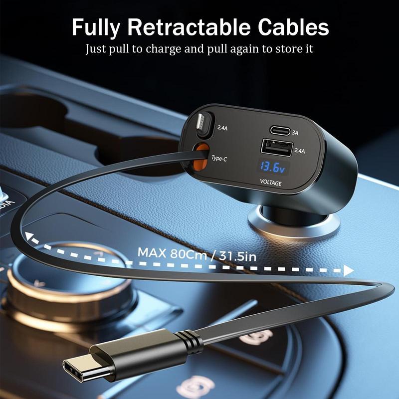 4 in 1 Retractable Car Charger: High-Speed USB C Adapter [Up to 60W] with Lightning Cable and Dual Charging Ports for iPhone 15/14/13 Pro Max , iPad, AirPods, Samsung Galaxy S23/S22/S10