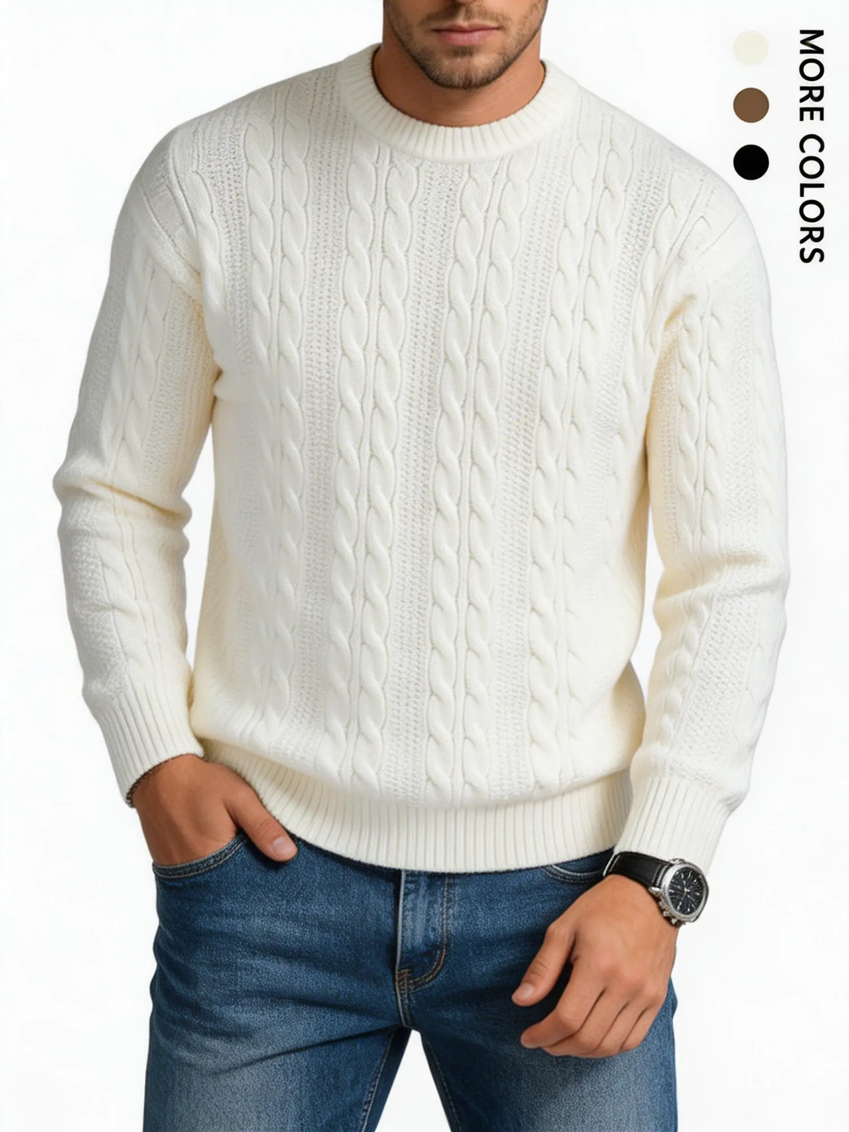Men's Classic Cable Knit Menswear Top, Long-Sleeve Round Neck Pullover, Warm Loose Fit Plain Casual Streetwear Sweater, Tops, Longsleeves, Baggy, Oversized, Polyester, Full Sleeves, Knitwear, Halloween, Christmas, Thanksgiving, Acrylic, Nylon, Easter, Val