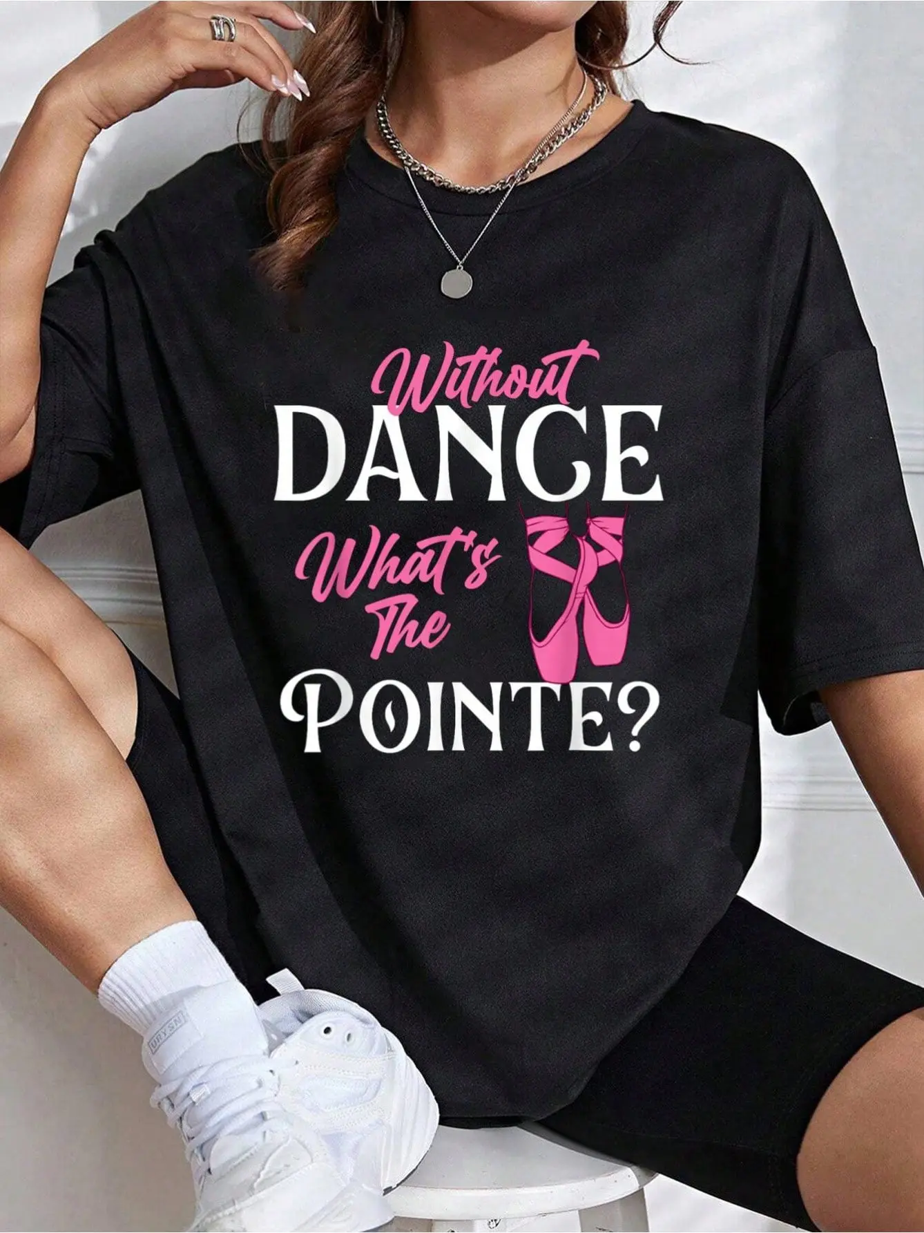 Women's Ballet Dancer Style Graphic Crew Neck Tee - Colorful, Comfortable, Lightweight, "Without Dance Whats The Pointe" Printed 1-Piece Casual Top, Check