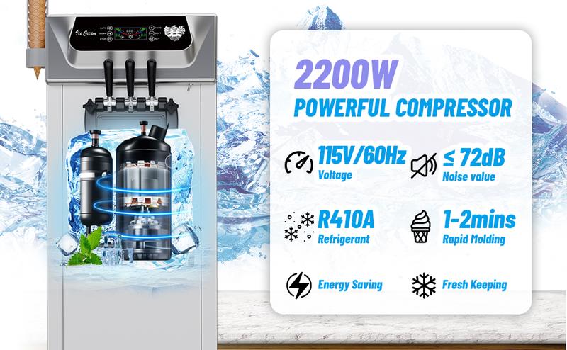 【GARVEE】Commercial Soft Ice Cream Machine 3 Flavors Clean Led Panel Perfect for Restaurants Snack Bar Supermarkets 2200W
