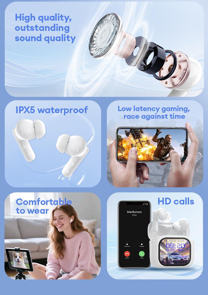 HYUNDAI Y48 Bluetooth 6.0 Earphones LED Display High Fidelity Waterproof Wireless Earbuds with Built-in Microphone for Office Sports Study Audio Calls Electronic Earbud Headset Black