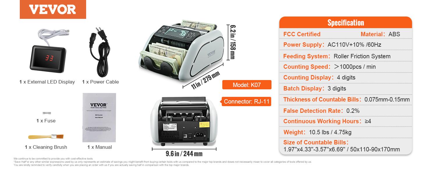 【fathersdaygift】VEVOR Money Counter Machine, Bill Counter with UV, MG, IR and DD Counterfeit Detection, USD & EUR Cash Counting Machine with Large External Display for Small Business,Cash Counter with LCD Display 【fathersdaygift】VEVOR Money Counter Machine, Bill Counter with UV, MG, IR and DD Counterfeit Detection, USD & EUR Cash Counting Machine with Large External Display for Small Business,Cash Counter with LCD Display