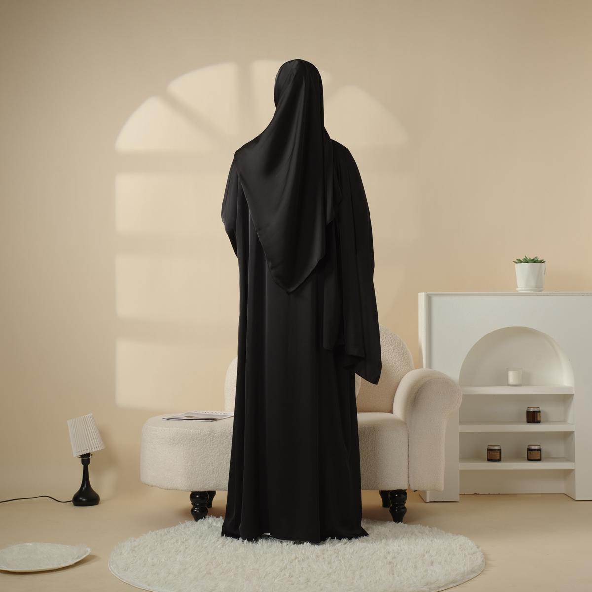 Poet Sleeve Satin Abaya Set | 4-Piece Satin Design | Shimmering Gem Details | Includes Open Abaya, Fitted Inner Dress, Hijab, Belt | Side Pockets & Round Neckline | Full-Length Elegance | Perfect for Weddings & Formal Events | elegant maxi winter jilbabs