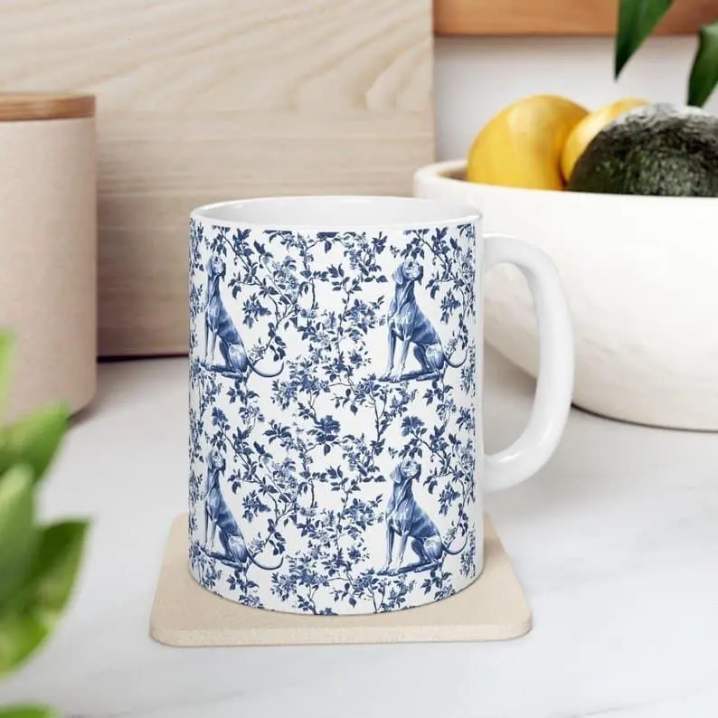 [Sale off up to 50%] Weimaraner French Blue Toile De Jouy Mug, Weimaraner mom gift, Weimaraner lover, Weimaraner Gift, 11oz & 15oz ceramic mug