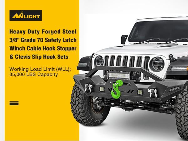Nilight Forged Steel Winch Hook 3/8" Grade 70 Safety Latch Winch Cable Hook Stopper & Clevis Slip Hook Sets, Included Allen Wrench,Max 35,000 lbs