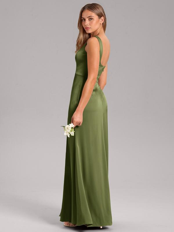 Azazie Frostine A-Line Square-Neck Statement-Bow Leg-Slit Wedding Guest Evening Satin Dress