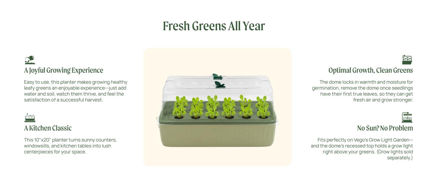 Vego Garden EZ Leafy Planter Self-Watering Indoor Planter Box with Reservoir Humidity Dome Soil-Based Countertop Garden Kit for Leafy Greens Lettuce Spinach Herbs - Breathable Planting Container