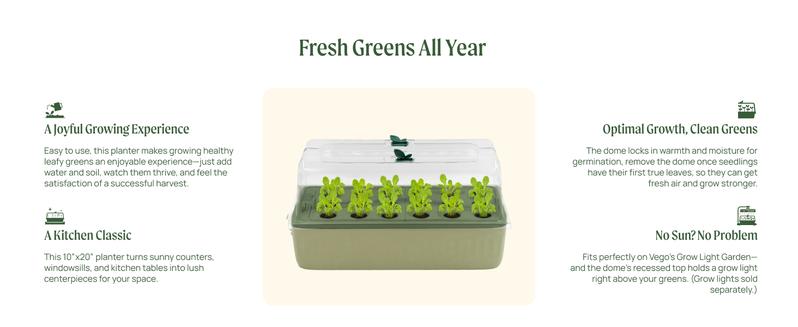 Vego Garden EZ Leafy Planter Self-Watering Indoor Planter Box with Reservoir Humidity Dome Soil-Based Countertop Garden Kit for Leafy Greens Lettuce Spinach Herbs - Breathable Planting Container