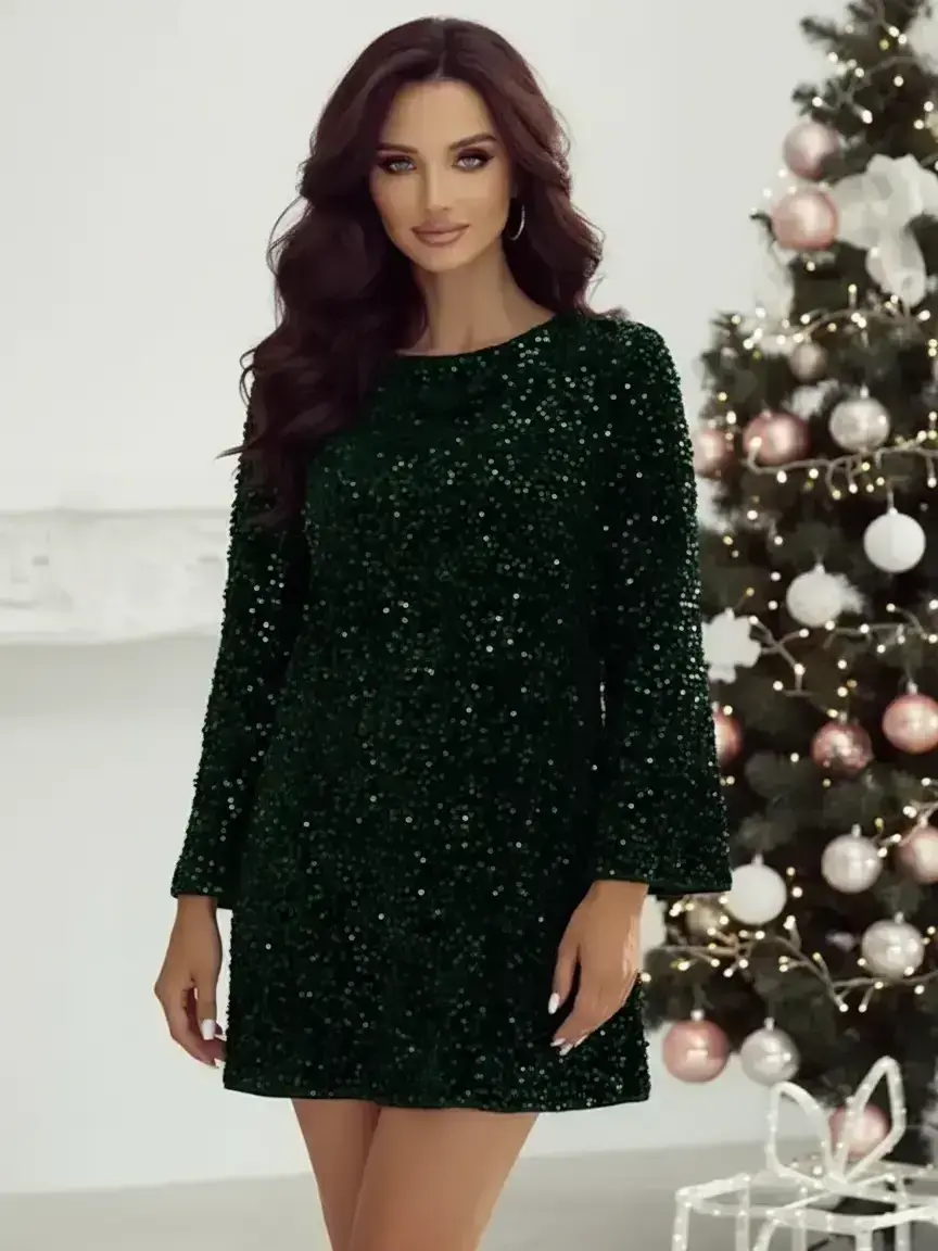 Women's Sequin Round Neck Christmas Long Sleeve Short Dress, Lady Fashion Elegant Eye-Catching Style, Loose Fit for Various Body Types, Womenswear