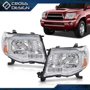 CROSSDESIGN Fit For 2005-2011 Toyota Tacoma 1 Pair Clear LED Tube DRL Projector Headlights