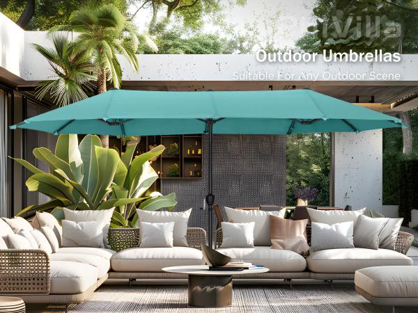 [2026 New] PHI VILLA 15ft Large Outdoor Double-Sided Rectangle Umbrella with Crank Handle, Waterproof, Alloy Steel, Assembly Required Furniture Patio
