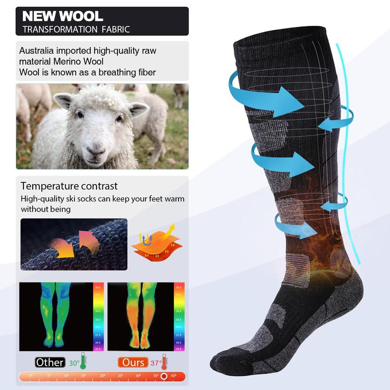 Winter Thermal Ski Socks - 3 Pair Pack Wool Blend Knee High Socks for Men & Women Snowboarding