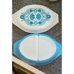 Vintage Pyrex Horizon Blue Apollo 11 Cinderella Divided Covered Casserole Baking Dish - 1969