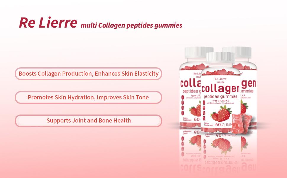 3 Bottles Re Lierre Collagen Peptide Gummies for Women & Men Sugar-Free 1500mg Protein Types I II III V X 5000mcg Biotin Methylated B12 Vitamins A C D E B8 for Skin Hair Nails Bone 60 Gummies