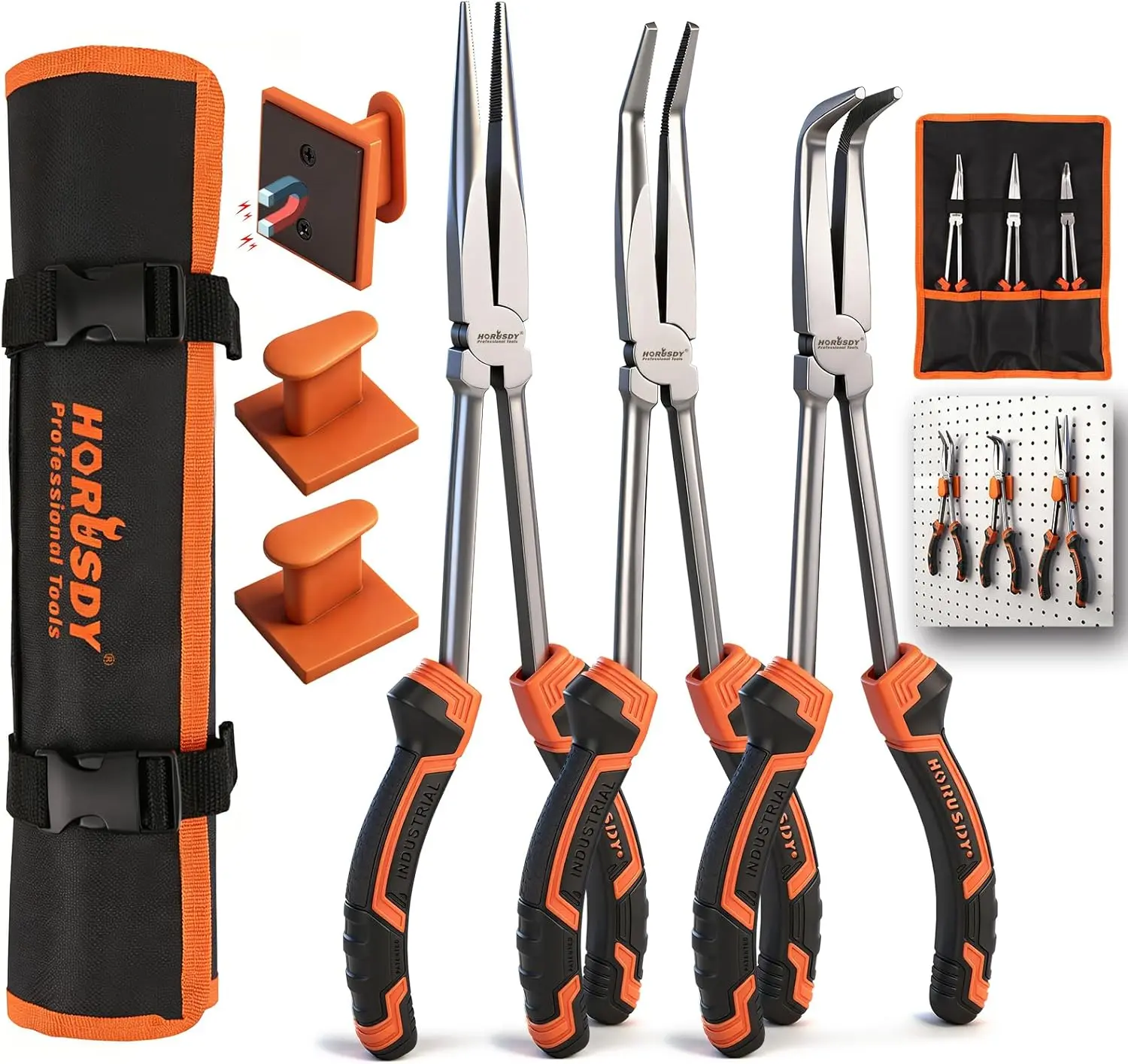 HORUSDY 3-Piece 11 Inch Long Reach Needle Nose Pliers Set, Extra Long Straight, 45° & 90° Bent Nose Pliers with 3 Magnetic Plier Racks and Roll-Up Storage Bag for Tight Spaces
