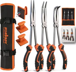HORUSDY 3-Piece 11 Inch Long Reach Needle Nose Pliers Set, Extra Long Straight, 45° & 90° Bent Nose Pliers with 3 Magnetic Plier Racks and Roll-Up Storage Bag for Tight Spaces