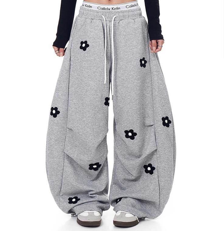 TELLFUN 2026 Unisex Floral Embroidery Baggy Barrel Sweatpants Elastic Waist Drawstring Casual Y2K Streetwear Loose Fit Vintage Joggers