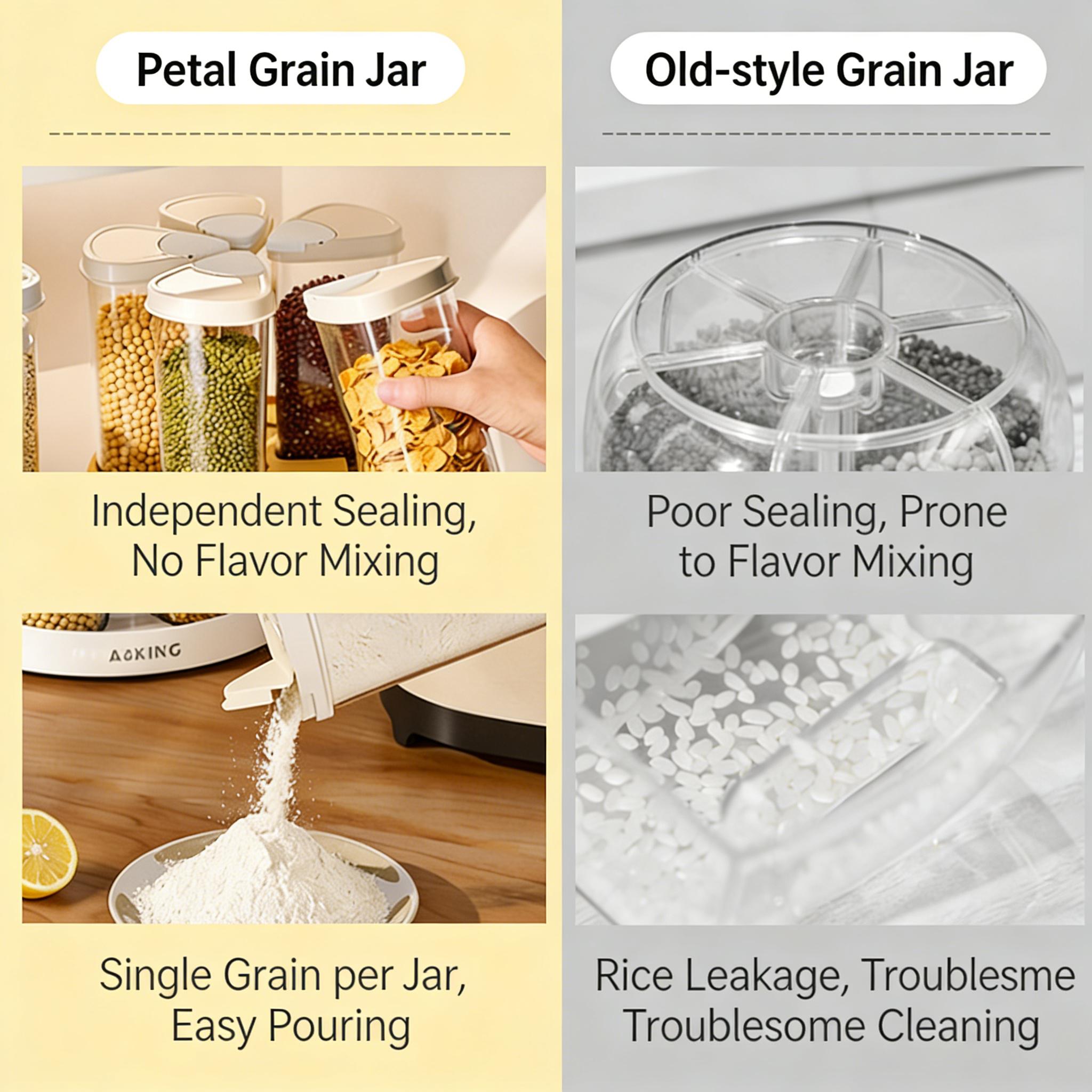 UFORU Rotating Grain Storage Jar, Five-Grain Rice Storage Container, Compact Divided Storage Box Ideal for home kitchens, features airtight moisture-proof design and transparent practicality. Perfect for organizing essentials and makes a thoughtful gift.