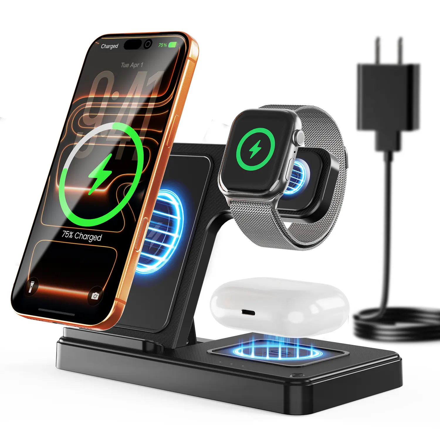 3-in-1 Foldable Adjustable 3-Way Wireless Charger Stand - Portable Charging Station for iPhone 17/16/15/14/13/12 Pro Max, iWatch 11/10/9/8/7 SE, AirPods 4/3/2 Pro (Requires 20W+ Adapter) | TikTok Shop Back to School, Smartwatch, Chargers