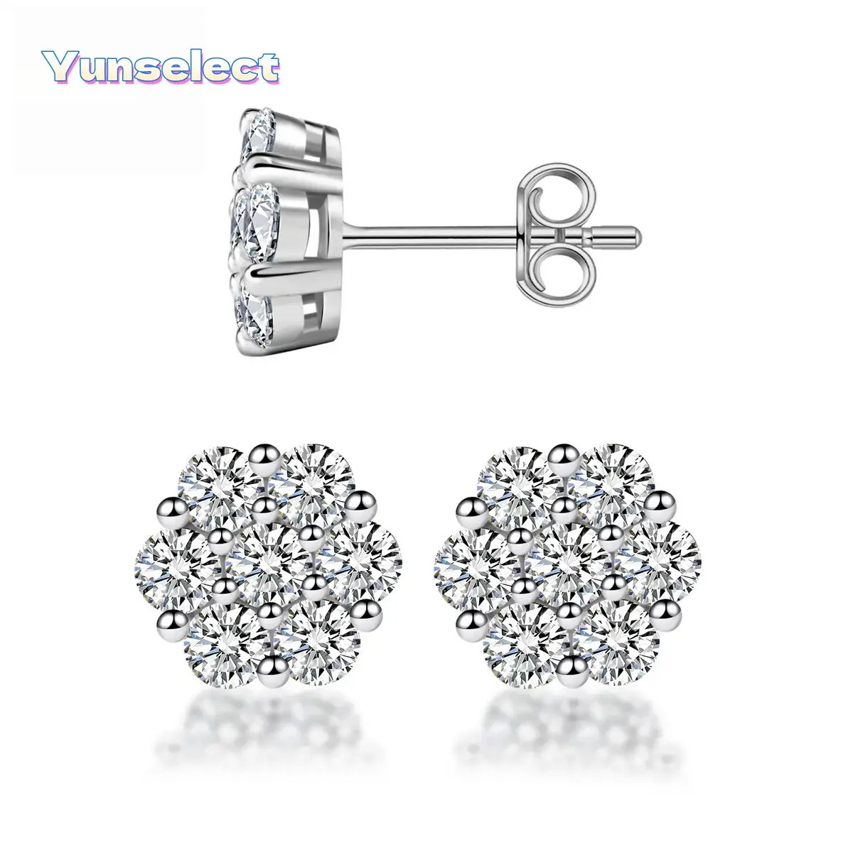 S925 Sterling Silver Floral Shape Cluster Stud Earrings - Butterfly Back, Bling Sparkle Round, Hypoallergenic Unisex Wear Jewelry Gift for Men Women