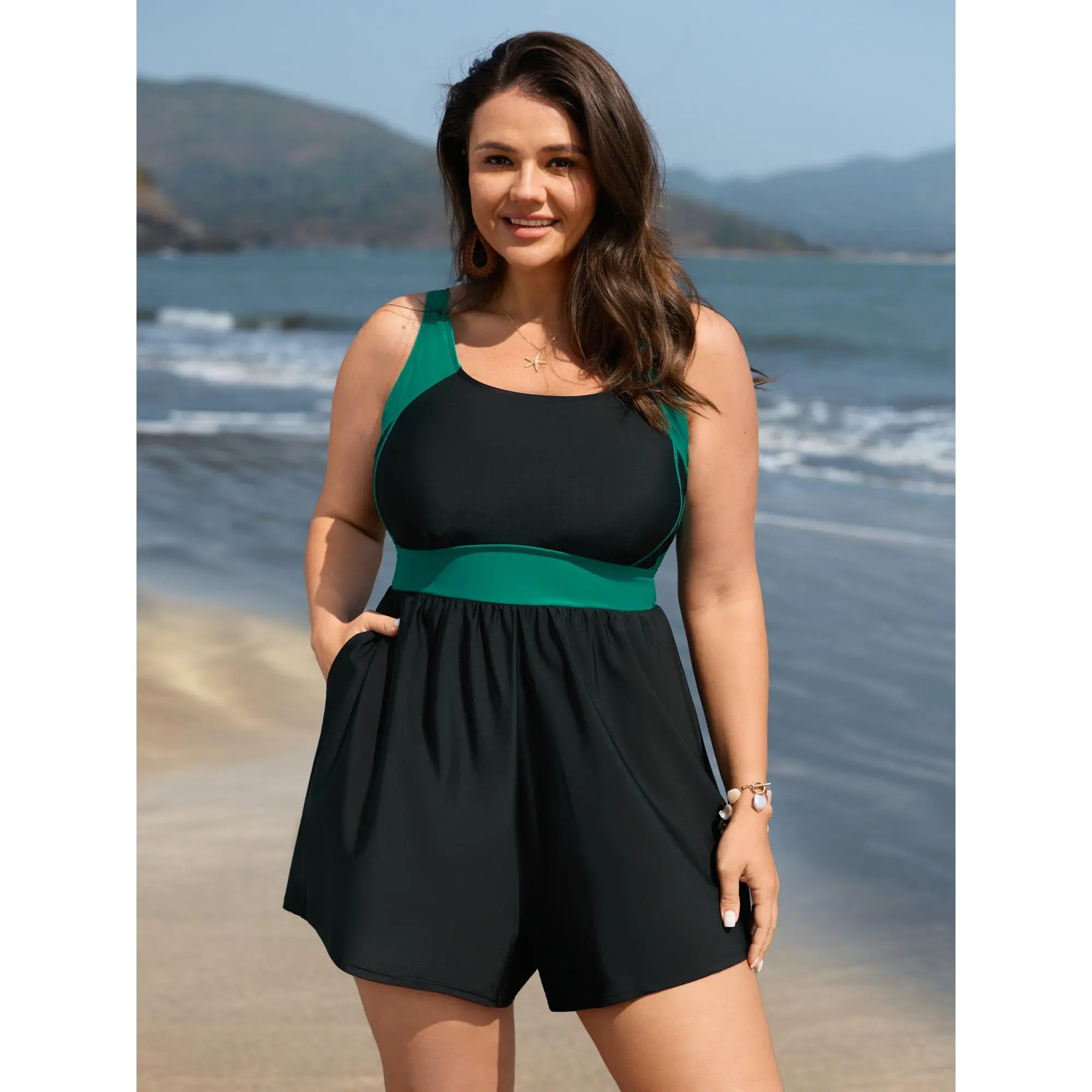 【Tummy control】BLOOMCHIC Plus Size Color Contrast Pockets One-Piece Swimsuit [M-6X] Onepiece Swimwear Swimming Bathing Suit,Summerfinds