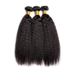 Msgem Hair Kinky Straight 100% Human Hair Bundles Natural Color 12A Yaki Straight 12-32 Inch 3 Bundles or 4 Bundles/Lot Kinky Straight Weave Extensions No Chemical