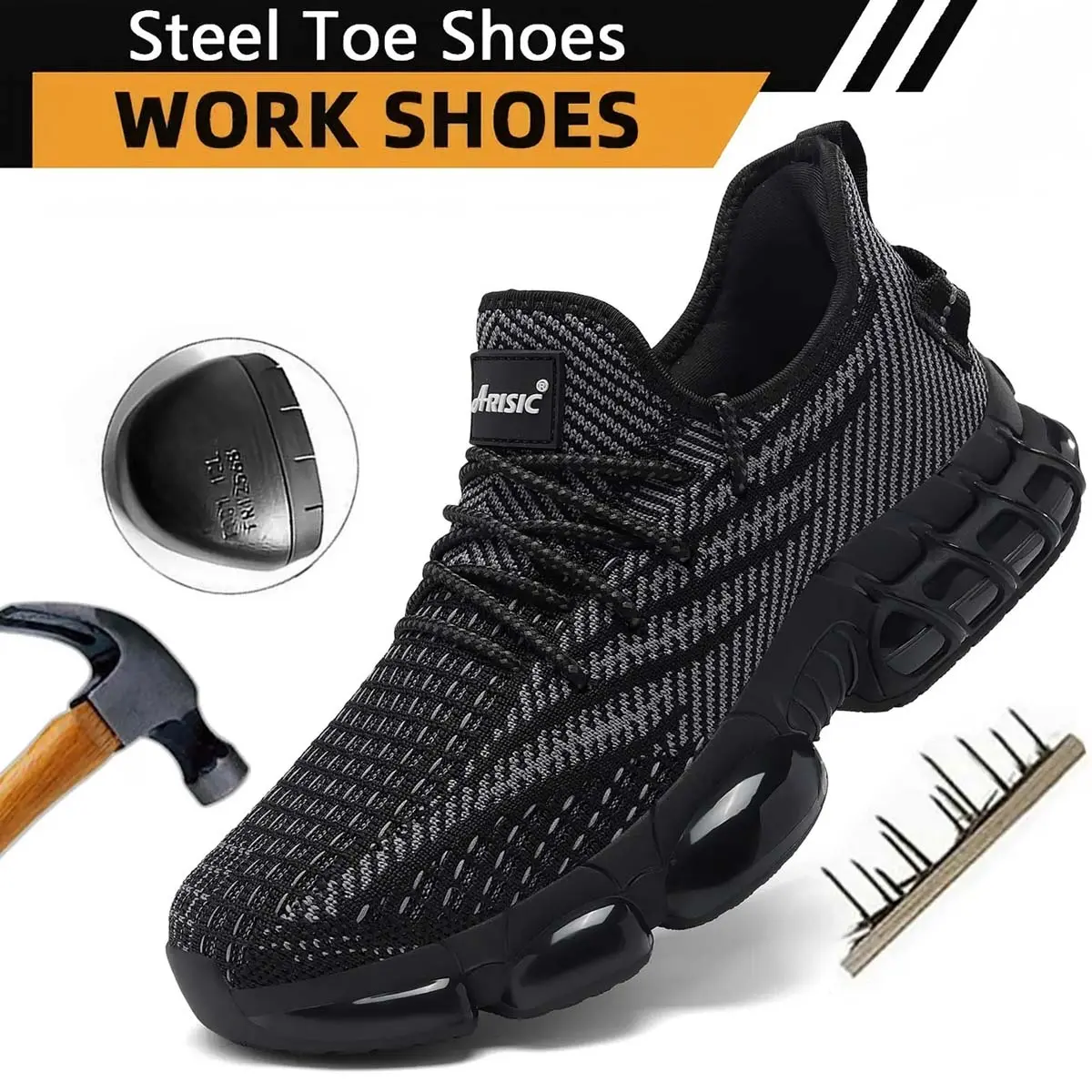 Men's Steel Toe Cap Work Safety Footwear - Lightweight, Comfortable, Slip-Resistant, Composite Toe, Kevlar Midsole, Breathable Plain Upper, All Season Lace Up-Black-97 for Construction Workers, Construction Site