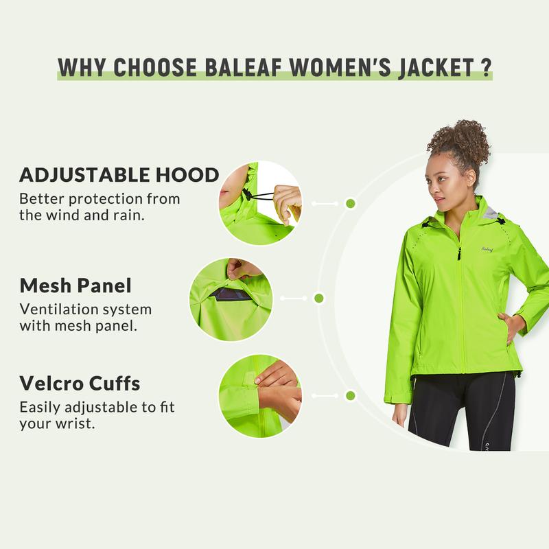 baleaf Women's Rain Jackets Waterproof Windbreaker Windproof Lightweight Cycling Jackets Reflective Packable Hooded Sporty Breathable Outerwear Athletic Techwear