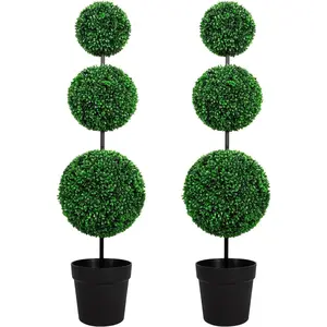 ROMSWI 2 Pack 3FT Artificial Triple Ball Boxwood Topiary Tree UV Resistant Faux Topiary Plant for All-Season Home Office Porch Entryway Decor
