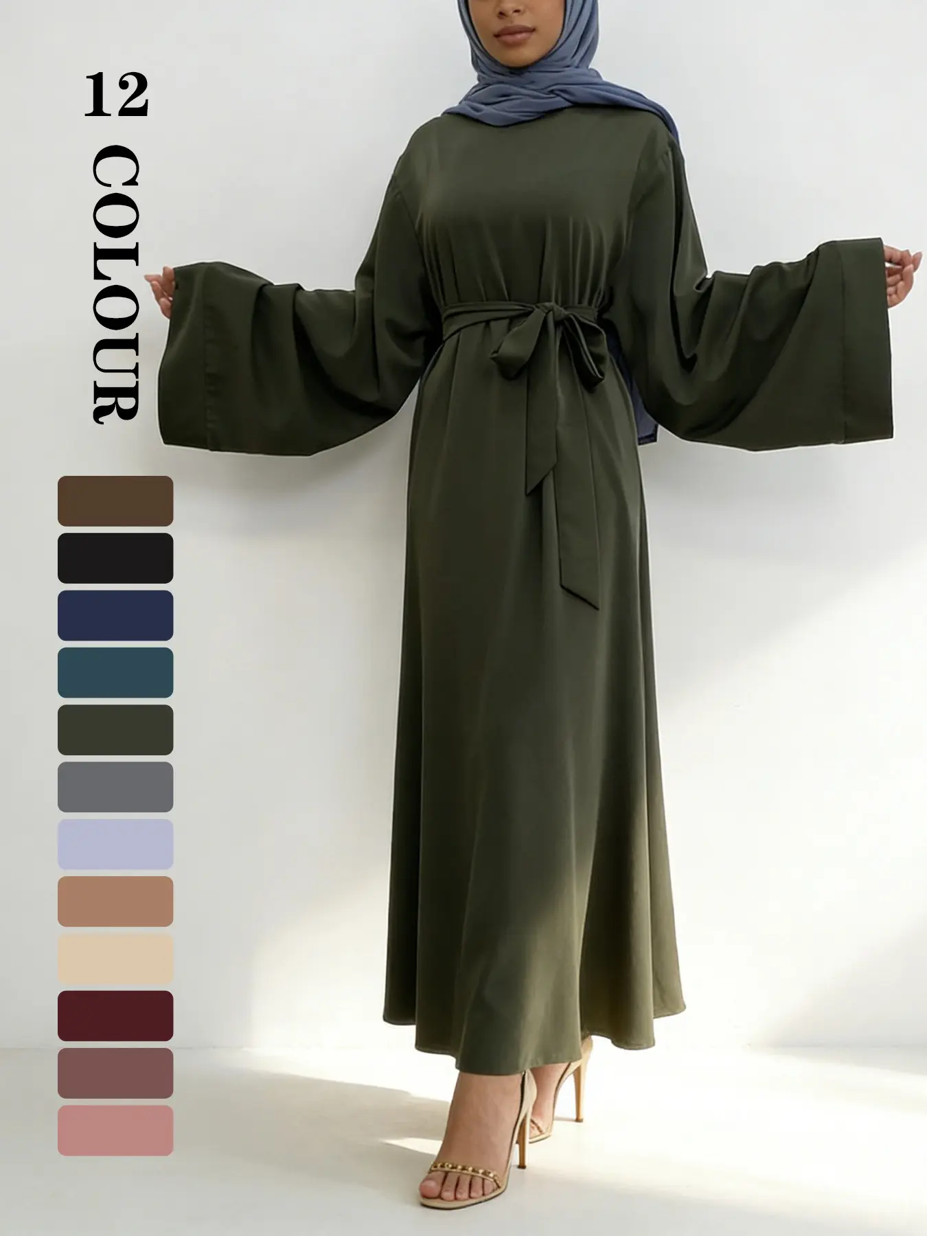Women's Solid Long Sleeve Belted Lounge Dress, Casual Comfy Round Neck Loose Long Dress for Daily Home Wear, Muslim Arabic Abaya, Ladies Islamic Clothes, Modesty Muslim Clothing, Modest Style Dress, Muslim Dresses, Modest Outfit for All Seasons