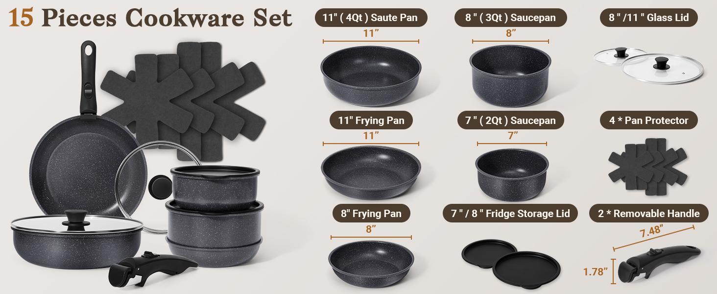【New product deal】 SODAY 15pcs Kitchen Cookware SetsNon-toxic Healthy Nonstick Kitchen Cooking Set with, Frying Pans,,Kitchenware,Healthy Non Stick RV Cookware Set Detachable Handle,Oven Safe & PFOA Fre