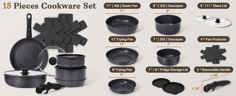 【New product deal】 SODAY 15pcs Kitchen Cookware SetsNon-toxic Healthy Nonstick Kitchen Cooking Set with, Frying Pans,,Kitchenware,Healthy Non Stick RV Cookware Set Detachable Handle,Oven Safe & PFOA Fre