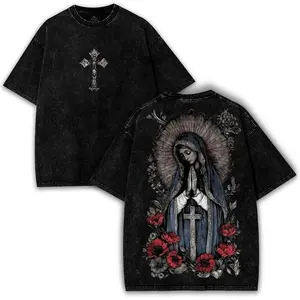 Virgin Mary Graphic T-Shirt, Black Heavy Cotton, Gothic Streetwear