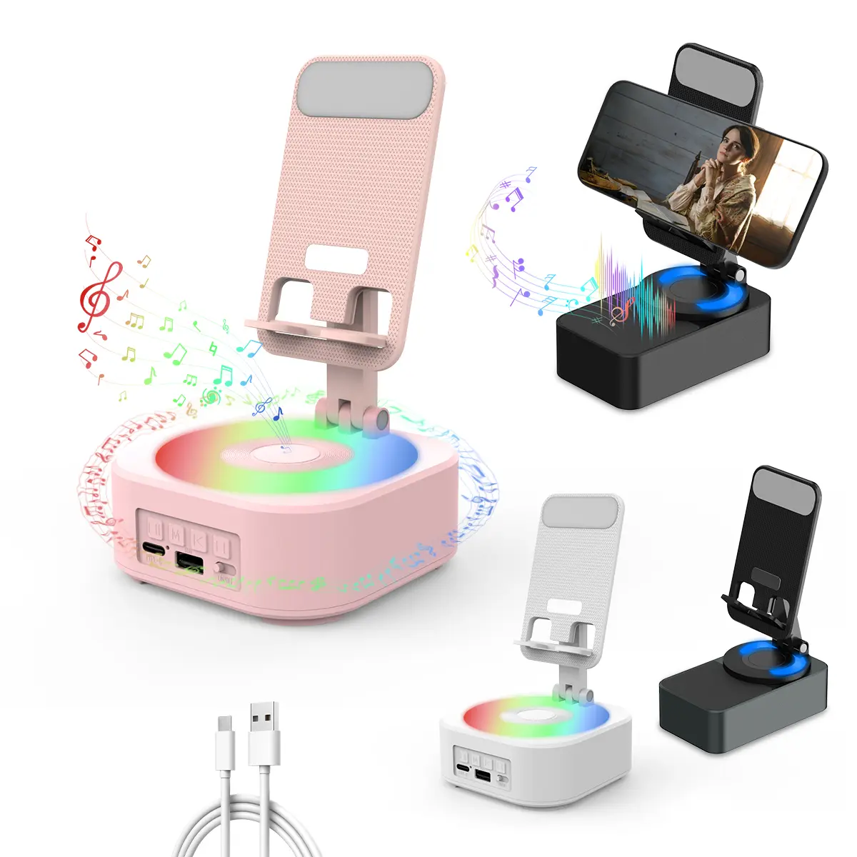 MEKO Portable Bluetooth Speaker - 5-in-1 Sound Box with Smartphone/Phone Stand, 300° Foldable Holder, Colorful Ambient Light, Rechargeable Emergency Function, USB Music Playback for Tablet iPhone Android, Pink Gifts for Men