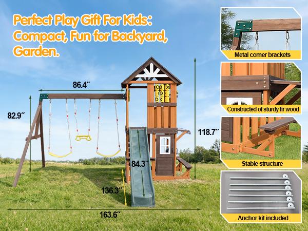 Cedar Wood Swing Set with Wave Slide Play Kitchen Rock Wall Ladder Belt Swings Toy Telescope Steering Wheel Tic-Tac-Toe Balconies Outdoor Playhouse Playground Set for Backyard Garden