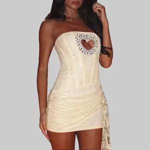Women's Strapless Rhinestone Heart Cut Out Tube Bodycon Mini Dress with Waist Sash Tie 2025 Summer & Fall New Solid Color Slim Fit Elegant Sexy Casual Wear Evening Parties Dating Wear Ladies Dresses