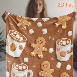 Aura Blankets Gingerbread Man Cocoa Cup Floral Print Christmas Throw Blanket, Warm Flannel 2D Pattern All-Season for Sofa Bed Decor & Gift